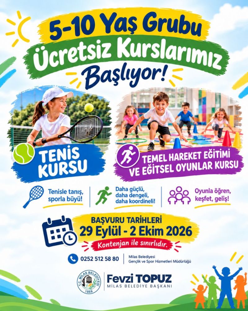 Milas Belediyesi Tenis ve Temel Hareket Eğitimi ve Eğitsel Oyun Kursları için Kayıtları Başlatıyor